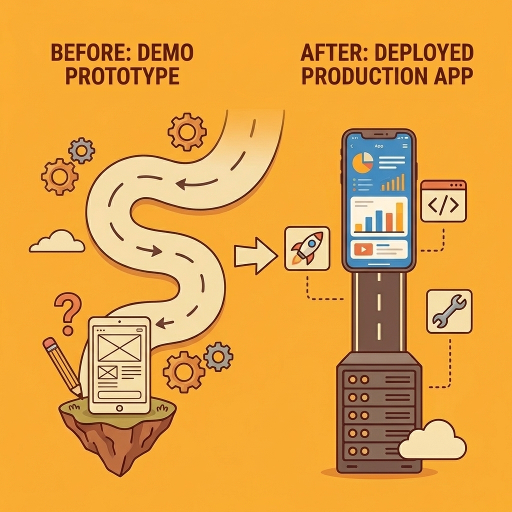 Before and after comparison showing a demo prototype transforming into a deployed production app